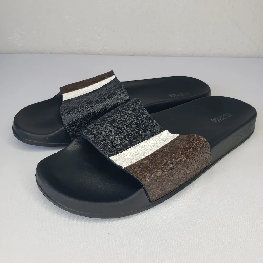 Michael Kors Black Brown Slide Mini Logo Sandals